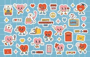 Retro Groovy Valentines day stickers set with slogans about love. Groovy hearts. Trendy 70s cartoon style. vector