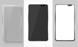 Realistic Detailed 3d Mobile Phone and Glass Template Mockup Set. Vector