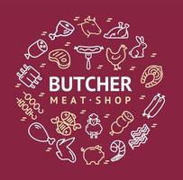 Meat Butchery Signs Thin Line Round Design Template Ad. Vector