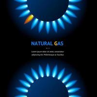 cocina de llama de gas natural 3d detallada y realista con banner de reflejos azules. vector