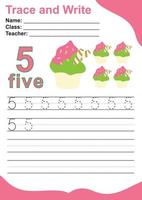 Trace and write number for children. Exercise for children to recognize the number. Educational worksheet for preschool. Valentine theme. Vector file.