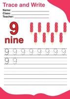 Trace and write number for children. Exercise for children to recognize the number. Educational worksheet for preschool. Valentine theme. Vector file.