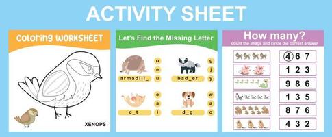 Educational printable worksheet. Activity sheet for children with animal theme. Coloring sheet, find the missing letter, counting how many worksheet. Vector file.