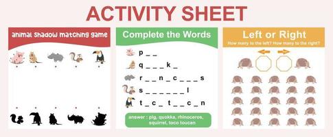 Educational printable worksheet. Activity sheet for children with animal theme. Shadow matching game, complete the words, counting left or right worksheet. Vector file.