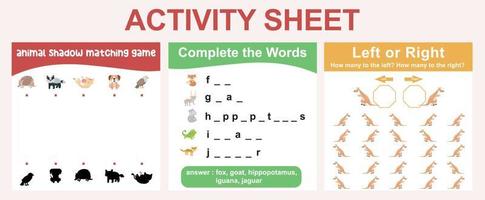 Educational printable worksheet. Activity sheet for children with animal theme. Shadow matching game, complete the words, counting left or right worksheet. Vector file.