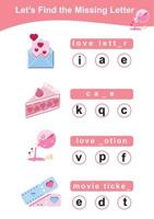 Missing letter worksheet. Kids educational game. Worksheet for preschool. Writing practice with valentine theme. Vector file.