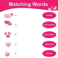 Matching words with images. Matching words game for kids. Educational printable game cards. Valentine theme. Vector file.