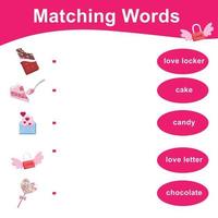 Matching words with images. Matching words game for kids. Educational printable game cards. Valentine theme. Vector file.