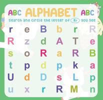 Search and circle the uppercase and lowercase letter on the worksheet. Exercise for children to recognize the alphabet. Educational sheet for preschool. Vector file.