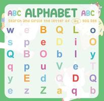 Search and circle the uppercase and lowercase letter on the worksheet. Exercise for children to recognize the alphabet. Educational sheet for preschool. Vector file.