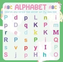 Search and circle the uppercase and lowercase letter on the worksheet. Exercise for children to recognize the alphabet. Educational sheet for preschool. Vector file.