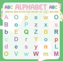 Search and circle the uppercase and lowercase letter on the worksheet. Exercise for children to recognize the alphabet. Educational sheet for preschool. Vector file.