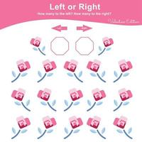 Left or Right Game for Preschool Children. Valentine Worksheet activity for kids. Education math printable worksheet to counting how many are left and right. Vector illustration.