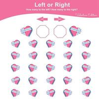 Left or Right Game for Preschool Children. Valentine Worksheet activity for kids. Education math printable worksheet to counting how many are left and right. Vector illustration.