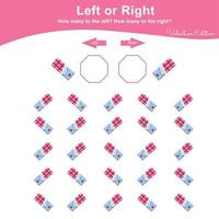 Left or Right Game for Preschool Children. Valentine Worksheet activity for kids. Education math printable worksheet to counting how many are left and right. Vector illustration.