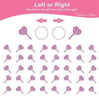 Left or Right Game for Preschool Children. Valentine Worksheet activity for kids. Education math printable worksheet to counting how many are left and right. Vector illustration.