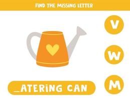 Find missing letter with carton watering can. Spelling worksheet. vector