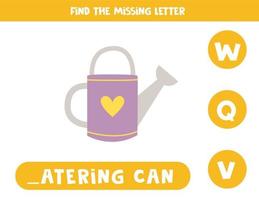 Find missing letter with carton watering can. Spelling worksheet. vector