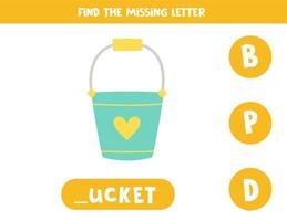 Find missing letter with carton bucket. Spelling worksheet. vector