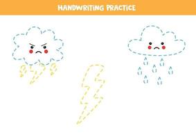 Tracing lines for kids. Cute lightning and clouds. Writing practice. vector