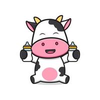 Cute cow holding milk bottle pacifier cartoon icon illustration vector