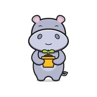 Cute hippo holding plant mascot doodle cartoon icon illustration vector