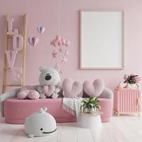 Mockup frame in the valentine's day with sofa on pink color wall. photo