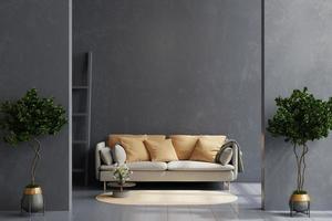 Mockup dark cement wall with gray sofa and decor in living room. photo