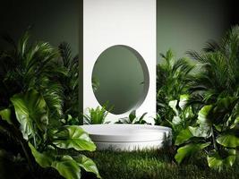 podio blanco en bosque tropical para presentación de productos y fondo verde. foto