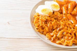 Rabokki or Ramen or Korean instant noodle and Tteokbokki in spicy korean sauce photo