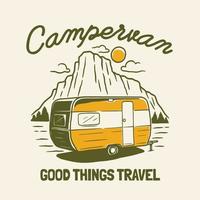 Campervan outdoor adventure hand drawn line adventure illustration Logo Badge vector