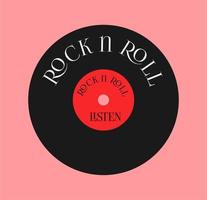 el disco de vinilo es negro con un centro rojo. la inscripción es rock and roll. para escuchar ilustración plana retro vector