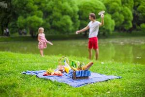 Happy family picnicking in the park photo