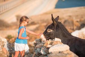 Little adorable girl with donkey in its wild habitat photo