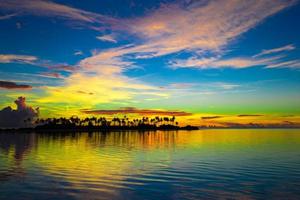 siluetas oscuras de palmeras y cielo nublado increíble al atardecer foto