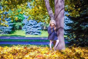 Little beautiful girl on the autumn meadow near big maplr in a sunny fall day photo