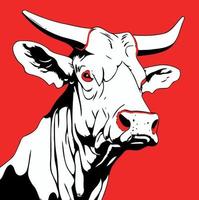 Angry horned bull head in black and white colored red to illustrate the fury of the animal vector