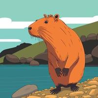 capybara mammal animal in nature on the edge of a river with stones on the ground vector