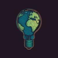 planet earth inside an electric light bulb bulb at night vector