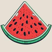 watermelon fruit slice with green rind and red pith with black seeds vector