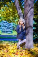 Little beautiful girl on the autumn meadow in a sunny fall day photo