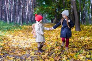 Two beautiful adorable girls walking in the fall forest at warm sunny autumn day photo