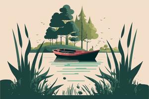 river in natural environment with an empty boat vector