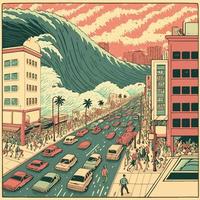 giant marine tsunami destroying a city vector