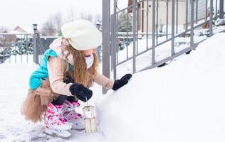 Adorable little girl skating in winter snow day photo