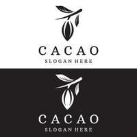 diseño de plantilla de logotipo de planta de vaina de cacao de chocolate, grano de cacao, fondo aislado de planta orgánica exótica. vector