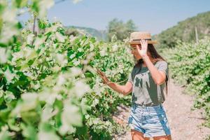 mujer en el viñedo en el día del sol foto