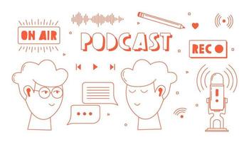 Headphones, microphone, two guys, speech bubbles icons. Podcast recording and listening, broadcasting, online radio, audio streaming service concept. Hand drawn vector isolated illustrations