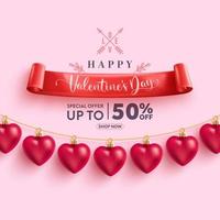 Valentine's Day Sale banner with Heart Ornament for Valentine on pink background.Promotion and shopping template for love and Valentine's day concept. Vector illustration eps 10