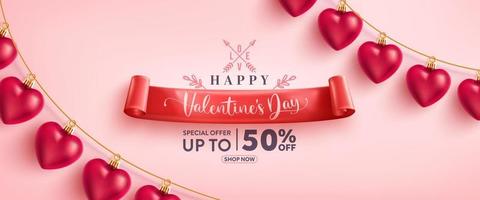 Valentine's Day Sale banner with Heart Ornament for Valentine on pink background.Promotion and shopping template for love and Valentine's day concept. Vector illustration eps 10